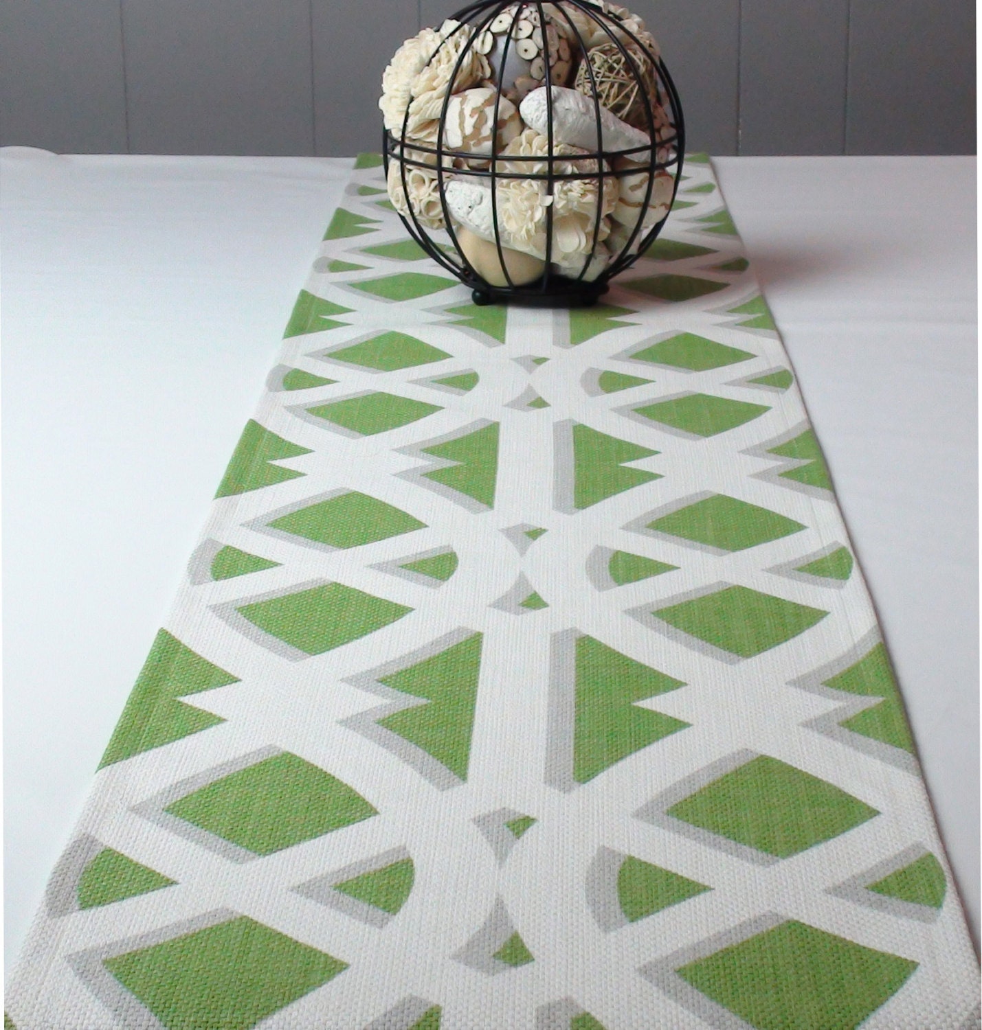 Modern Green Geometric Table Runner,  Green Tablecloth -  Green and White Color  108 inch long 108" long spring table runner