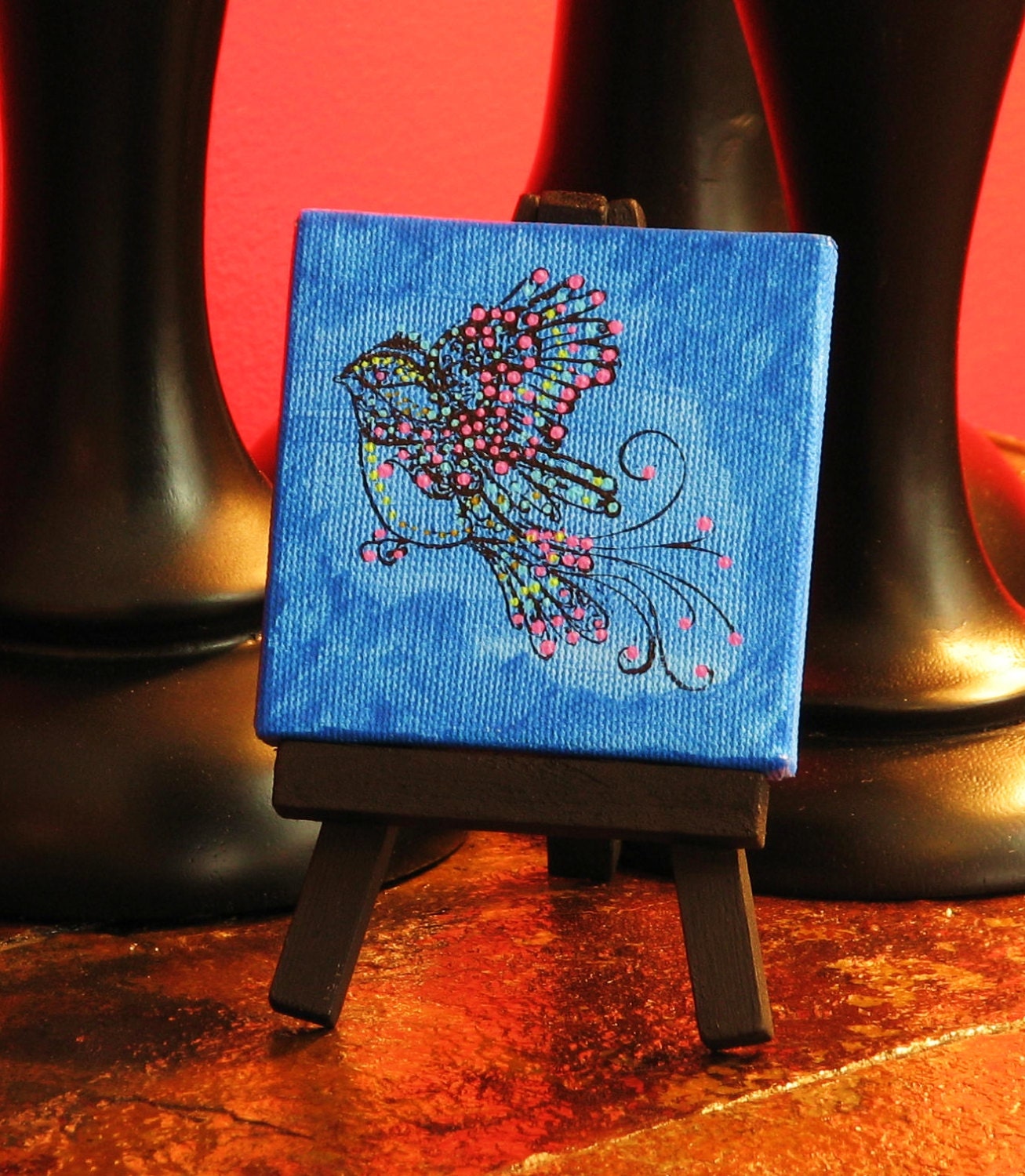 Mini Whimsical Bird with Easel. Original Handpainted Acrylic Painting. Size 3 x 3.