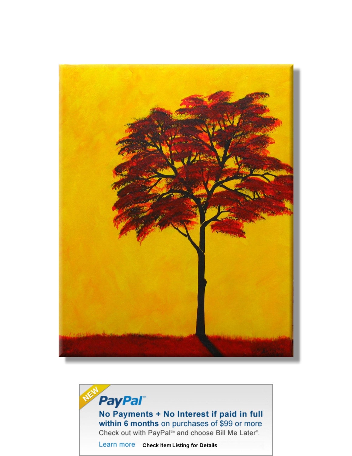 Tree with Red Leaves. Original Handpainted Acrylic Thick 3d Texture Impasto Palette Knife Painting. Size 16 x 20.