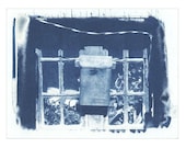 Cyanotype Photograph, Blue & White Mailbox in Sunny Santa Fe New Mexico Window, Original Alternative Process Photography 6" x 8"