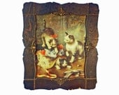 VICTORIAN KITTENS PLAYING - 1893 Framed large Chromolithograph by Albrecht Reicher (1858-1930) - Free Shipping