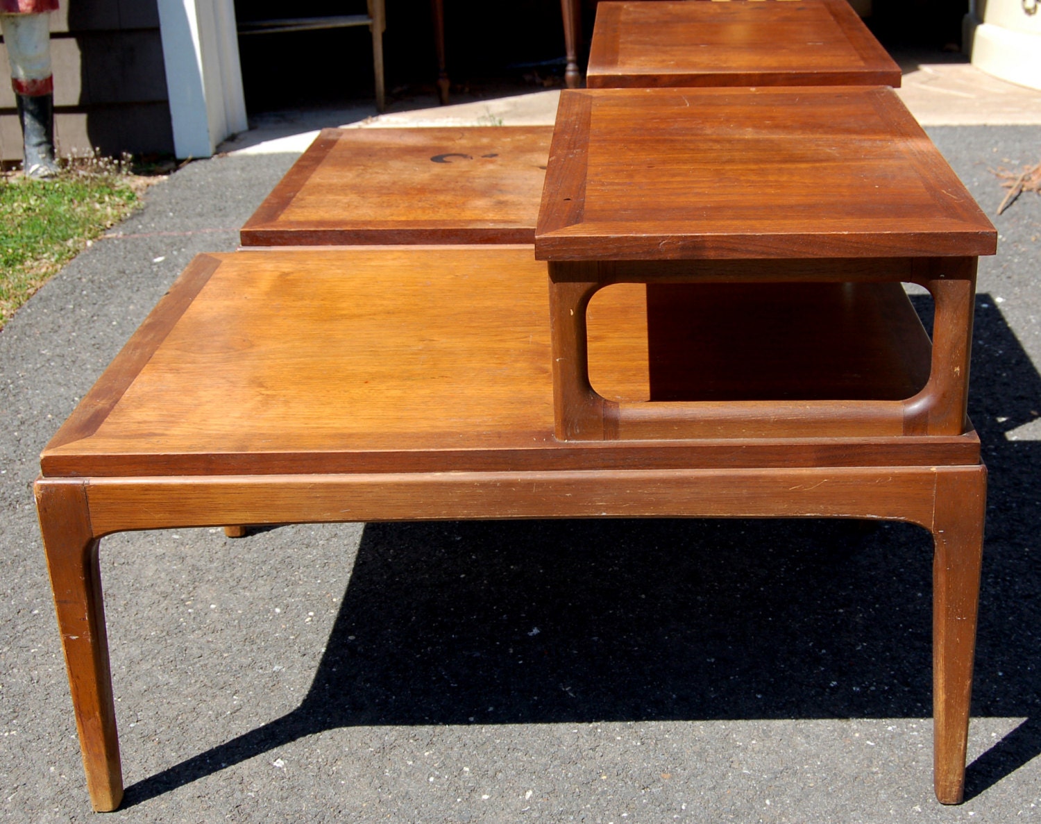 Free NYC Area Delivery Pair of Danish Modern 2-Tier Walnut Solid Wood Side / End / Bedside Tables