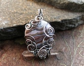 Crazy Lace Agate and Pink Lemurian Seed Quartz Pendant wrapped in Sterling Silver