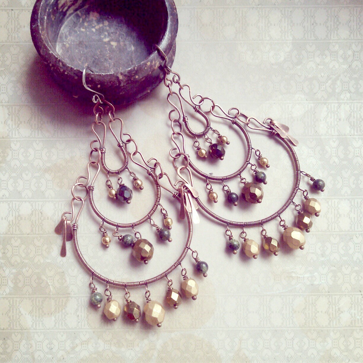 My Gypsy Heart Chandelier Earrings Large with Gold Tone Beads Wire Wrapped Copper Antiqued