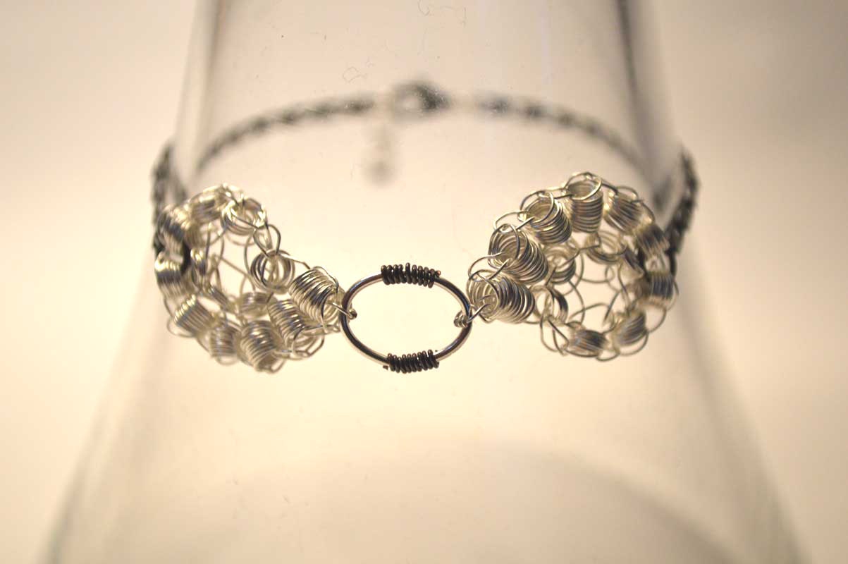 Sterling Silver Crochet Wire Spiral Bracelet with Gunmetal Chain