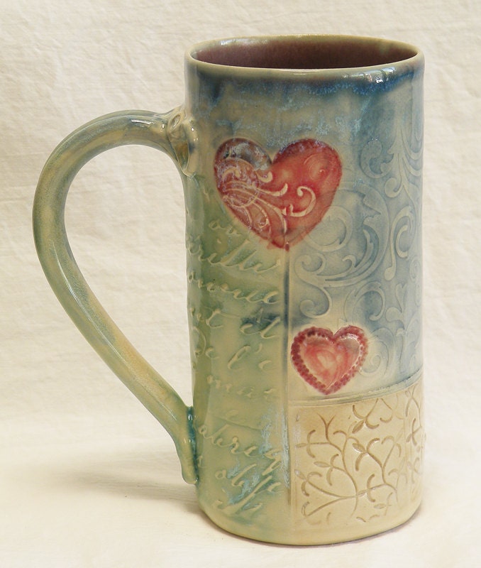 Stoneware 20oz patchwork and heart coffee mug 20C094