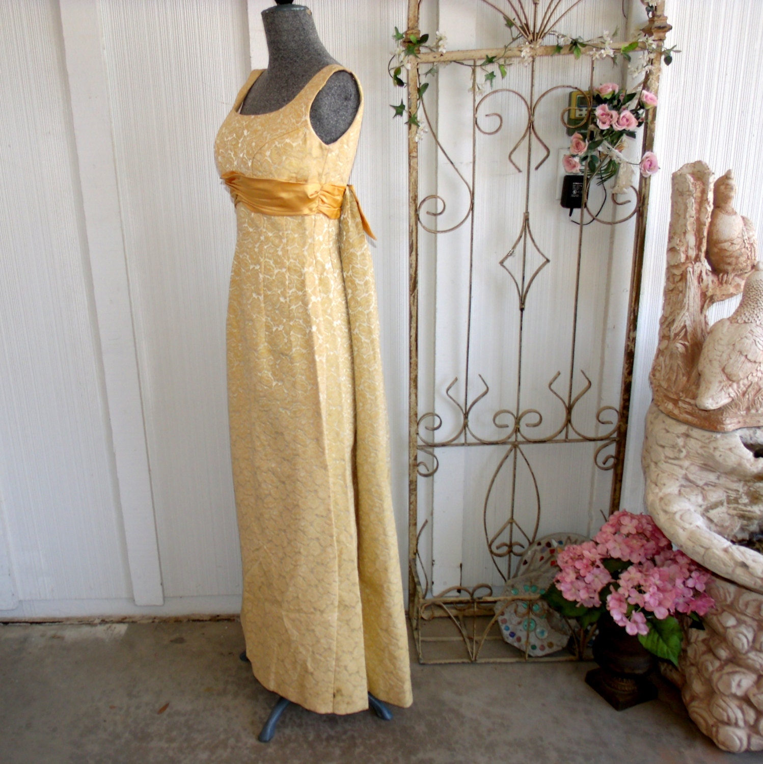 Vintage 1960s Gown Formal  Dress Emma Domb Gold Brocade Satin Empire Waist Watteau Back  B33