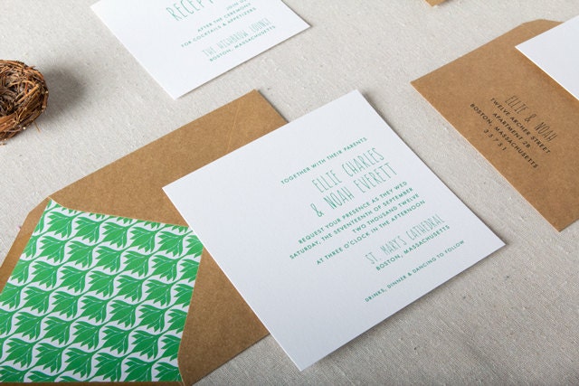 Grayson Wedding Invitation in Green and Kraft - SAMPLE - Natural Wedding Invitation - Modern, Text, Square Letterpress Wedding Invitation