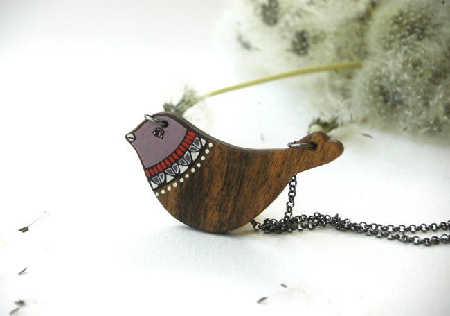 Bird Necklace Wooden Animal Necklace Woodland  Necklace Jewelry