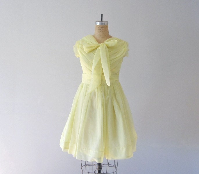 Yellow chiffon dress . vintage 1950s dress . 50s bridesmaid dress