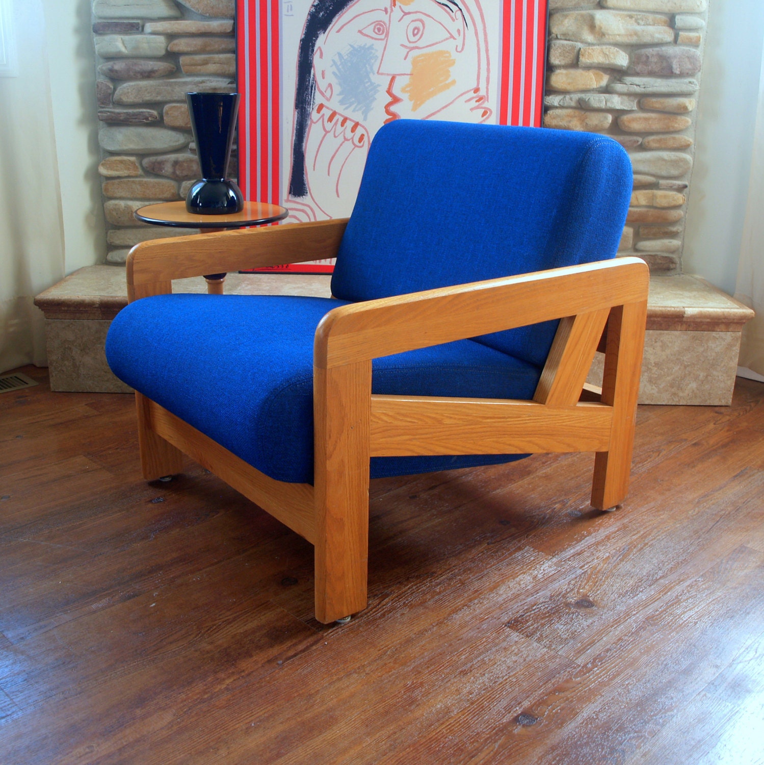 MID CENTURY MODERN Chair Vintage Danish Style Lounge Oak Wood Fabulous Geometric Mid Century Modern Original Blue Wool Upholstered Armchair