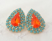 Stud earrings, Turquoise and orange rhinestone stud earrings, Bridesmaids earrings, Swarovski Crystal large teardrop stud earrings