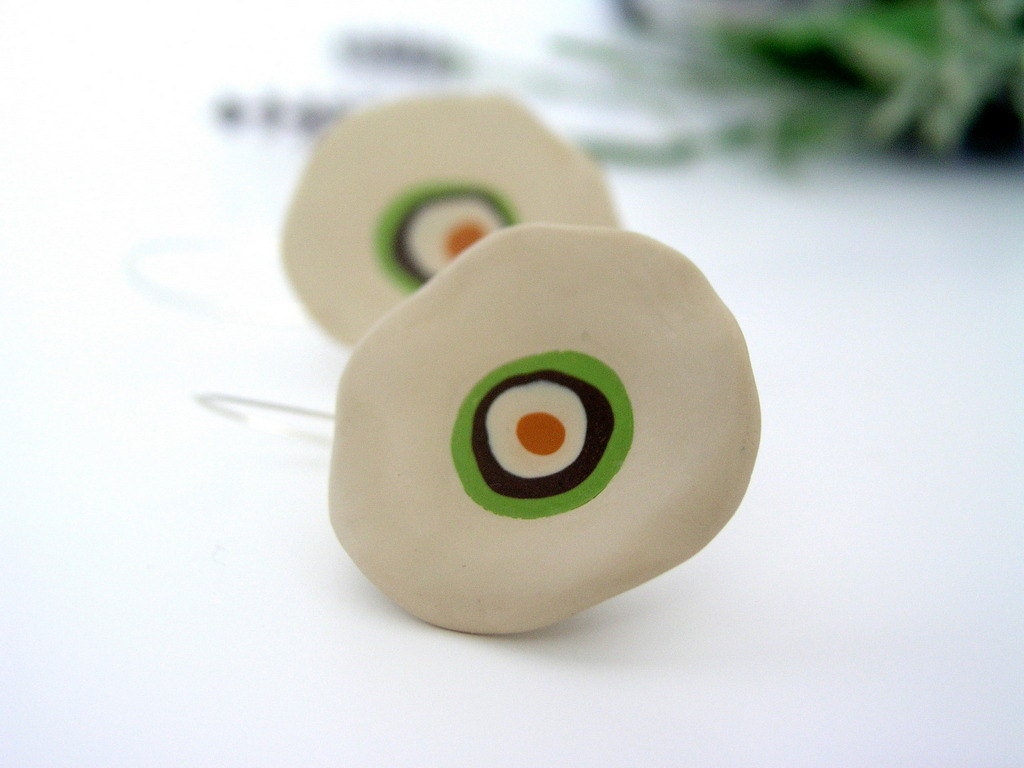 Ivory polymer clay abstract  flower earrings - long - wavy round - color circles - sterling filled - by antigonicreations