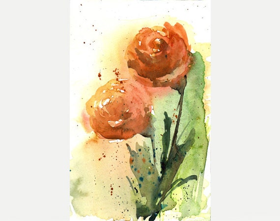 Original watercolor Flower art painting Abstract spring decor peach orange green