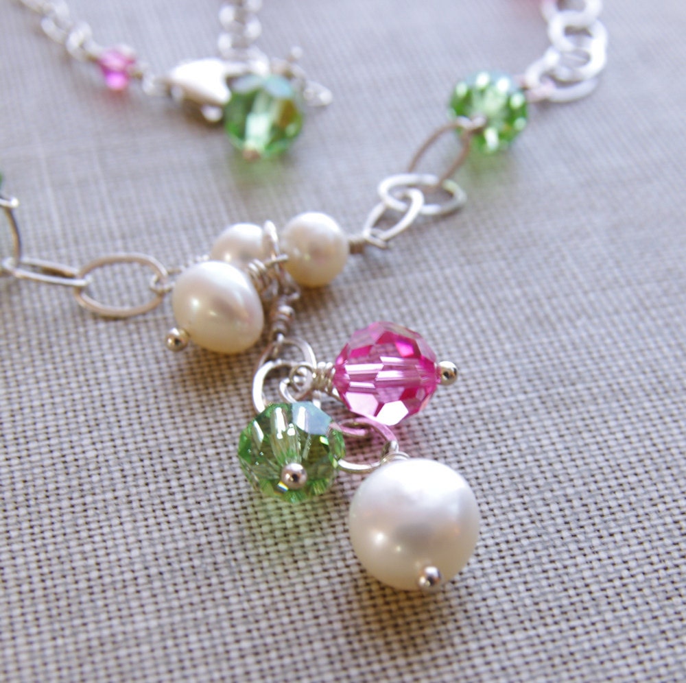 Pink Green Necklace White Pearl Sterling Silver Swarovski Crystal Bridesmaid Gifts Wedding Jewelry Fairy Princess Bride Handmade Jewelry
