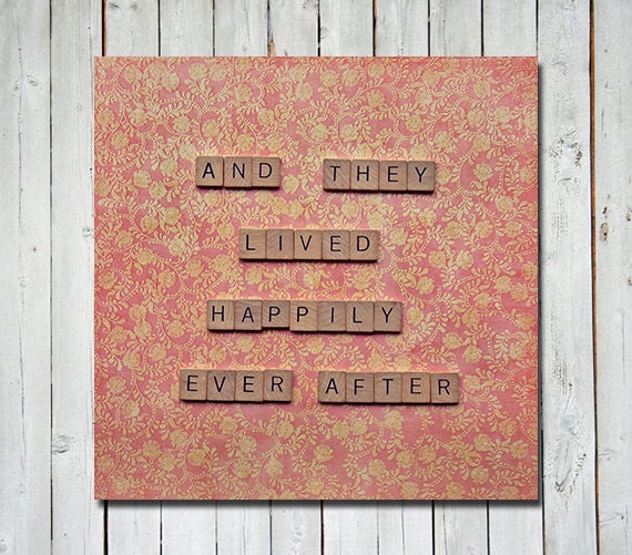 Love quote art - and they lived happily ever after - love story valentines day wedding anniversary - 5X5 print - scrabble love quote