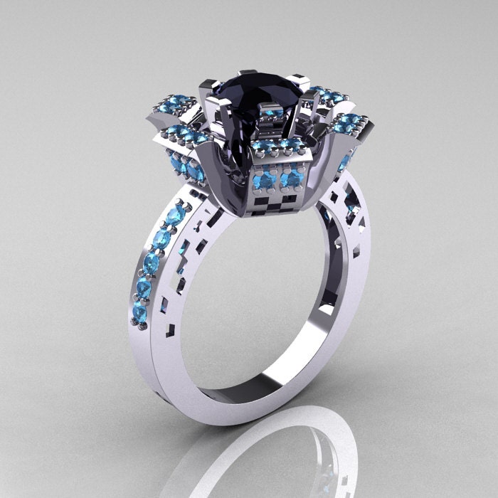 Modern French 14K White Gold Black Diamond Blue Topaz Wedding Ring, Engagement Ring R224-14KWGBTBD