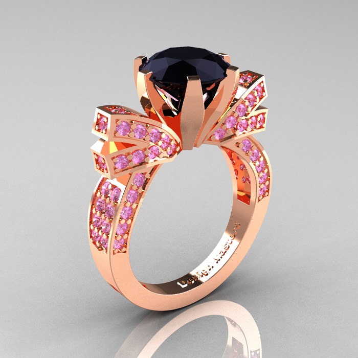 French 14K Rose Gold 3.0 CT Black Diamond Light Pink Sapphire Engagement Ring, Wedding Ring R382-14KRGLPSBD
