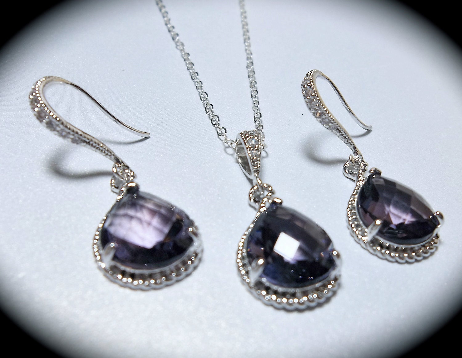 Amethyst - Necklace and earring set - Cubic Zirconia - Sterling Silver - Beautiful Purple Jewelry - Bridesmaids - Gift -