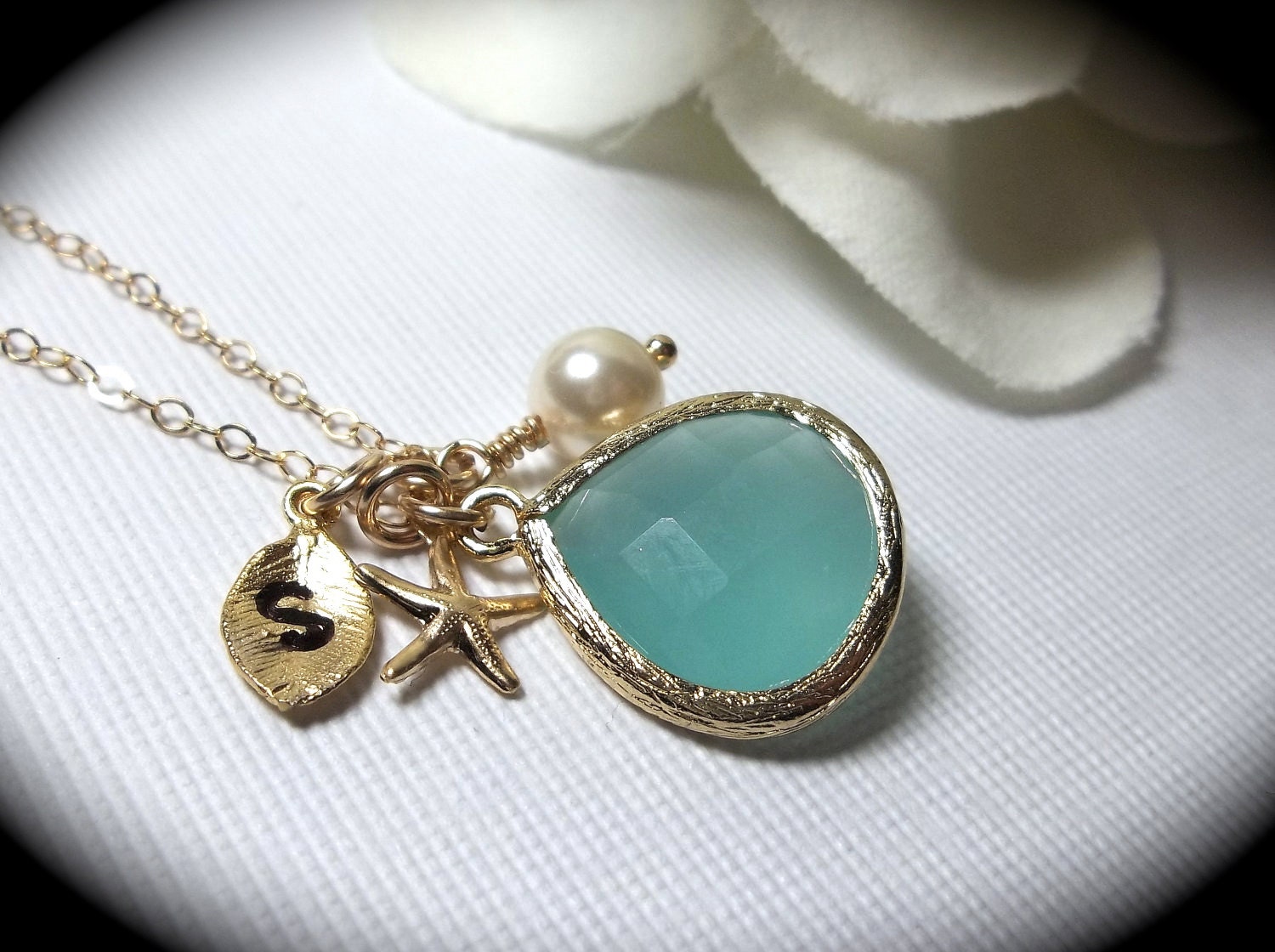 Gold necklace - Personalized - Gold filled - Starfish -  Nautical  - Hand stamped - Initial - Pearl necklace - Gift - Best seller -