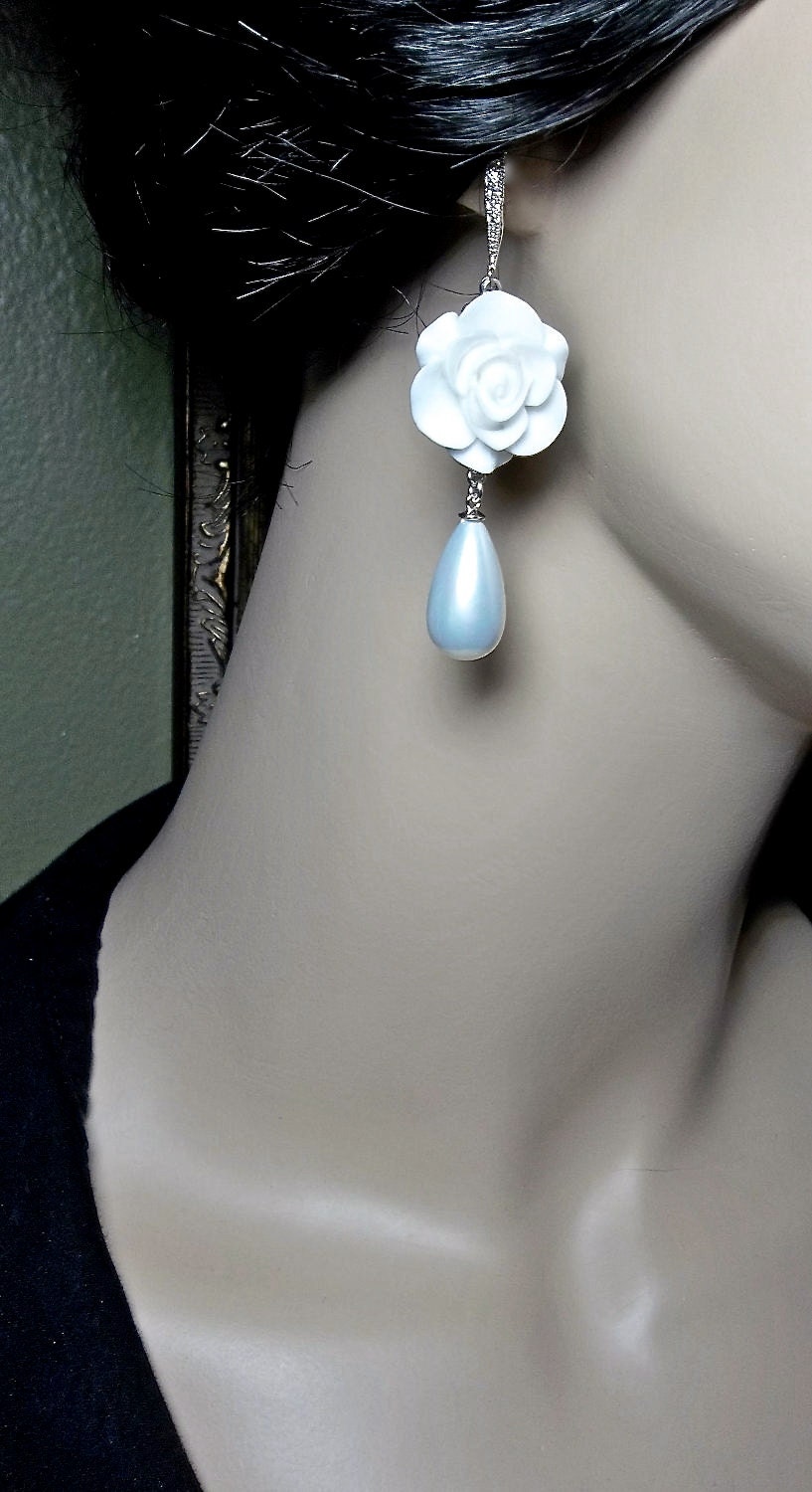 Bridal earrings - Long - White Rose - Cabochon -Sterling silver - Pearl drops - Statement earrings - BEAUTIFUL-