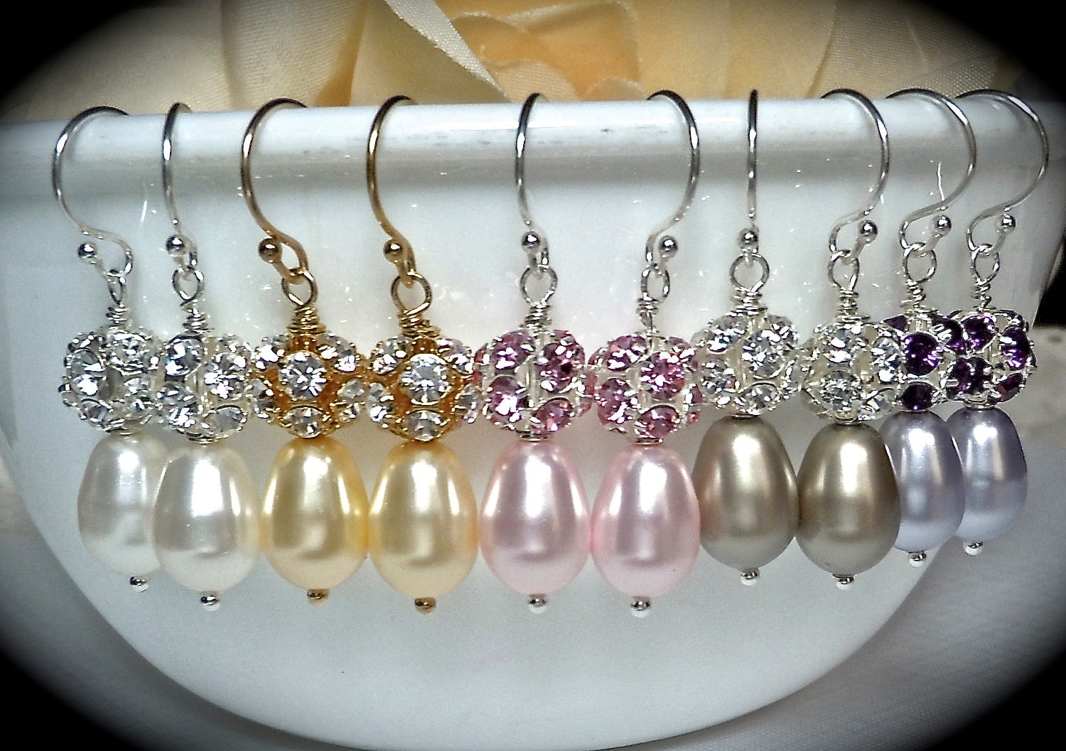 Pearl earrings - Bridal jewelry - Pearl drops - Crystal Fireballs -- You CHOOSE color - Sterling silver - Bridesmaids - PromGift