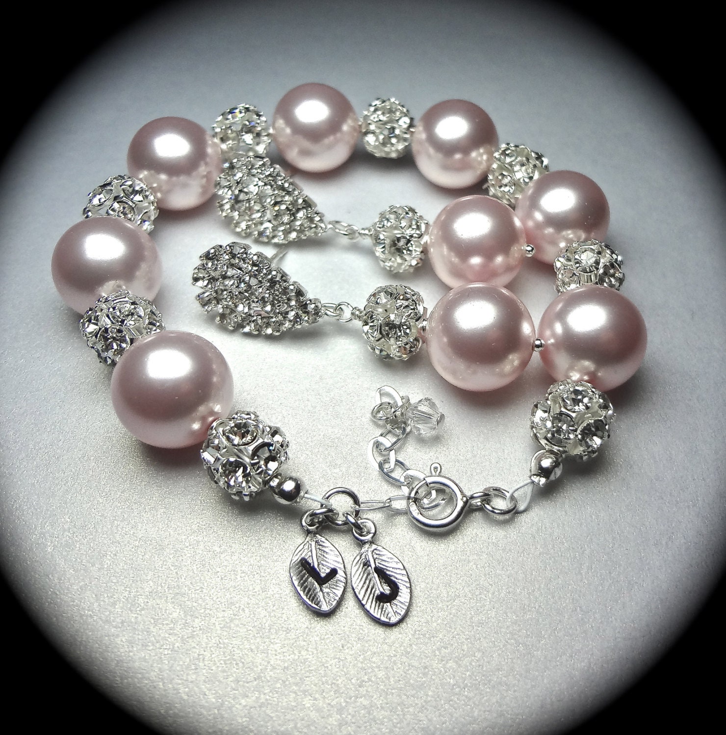 Bridal jewelry - Pearl bracelet and earring set- Rhinestone fireballs - Personalized - Hand stamped- Initials - Sterling Silver extender -