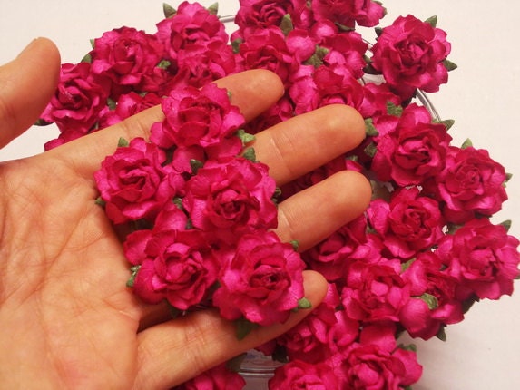 50 Pcs. (Size 1") Handmade Mulberry Paper Craft flower, Decoration, Wedding,  Roses, Hot Pink.
