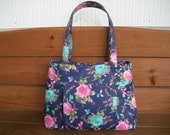 Fabric Handbag Purse Spring Fashion Accessories Pleated Bag in Navy Blue with Pink and Aqua Blue Roses print / Ready to ship