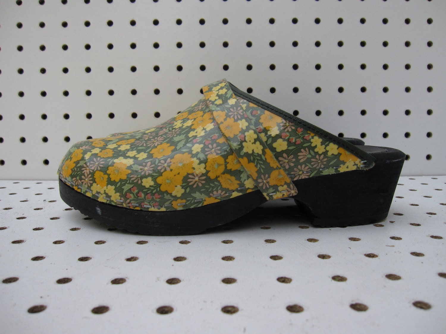 yellow and green floral / wooden clogs