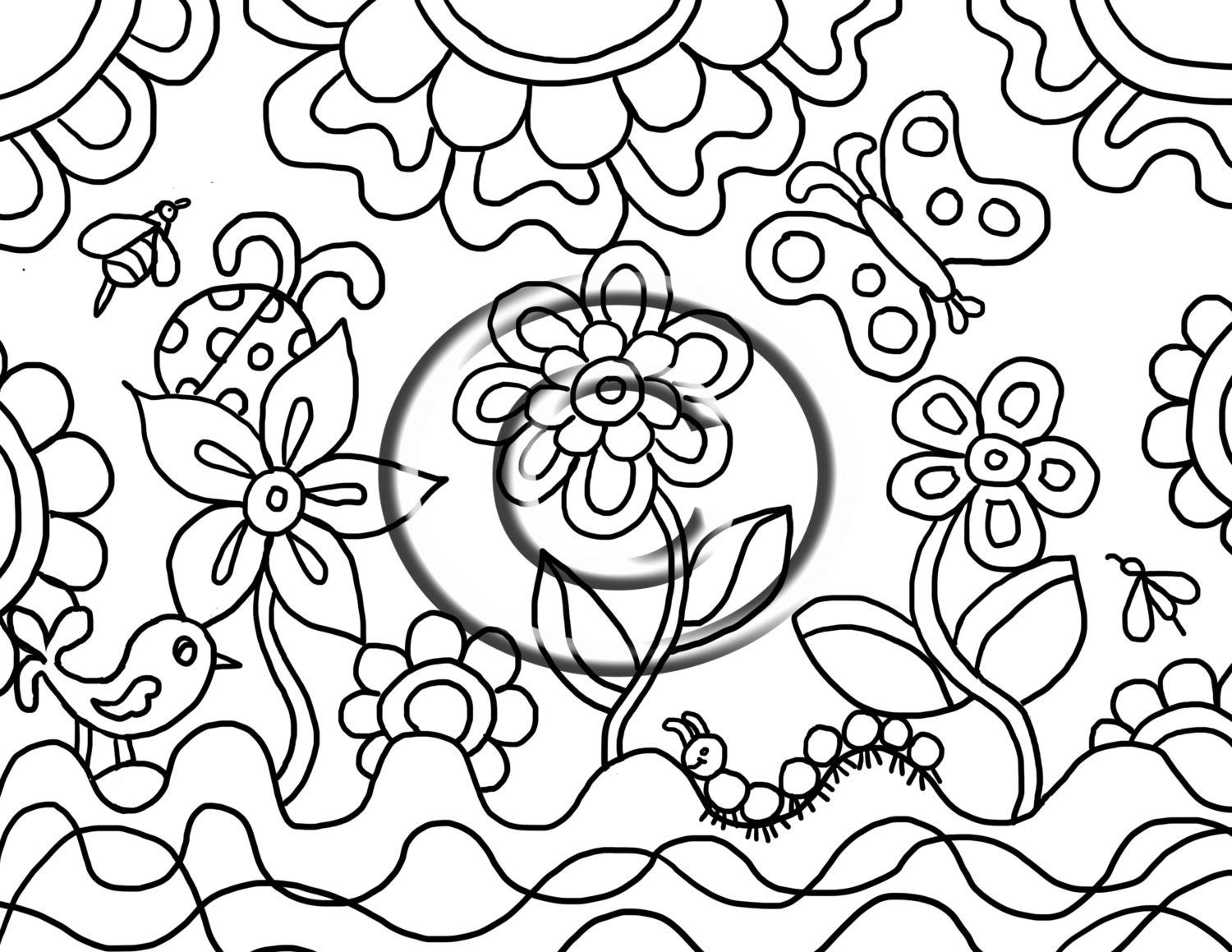 Instant Download Coloring Page Hand Drawn Zentangle Inspired Psychedelic "Daisies" Less Intricate Zendoodle Doodle Hippie By Kat
