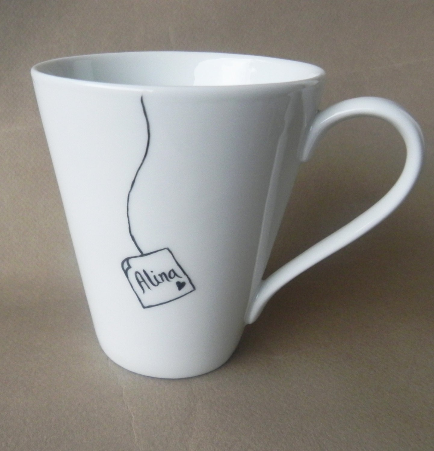 Custom personalized white porcelain mug with tea bag sketch - simple modern coffee and tea cup - personalized gift - name or initials