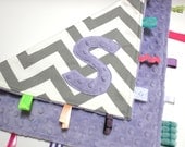 Personalized Chevron baby sensory blanket -  Lavender lilac gray - Lovey Security Ribbon Stroller Travel Minky