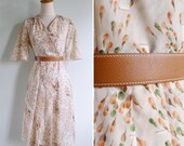Vintage 70's Buds To Blooms Bell Sleeve Sheer Floaty Floral Dress S or M