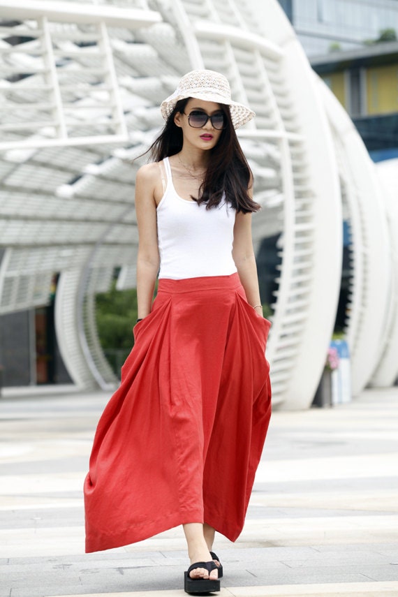 Lagenlook Maxi Skirt Big Pockets Big Sweep Long Skirt in Dark Orange Summer Linen Skirt - NC334