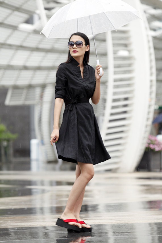 Spring Dress Shirt Style Sleeves Loose Fitting "V" Collar Long Linen Dress in Black- NC464