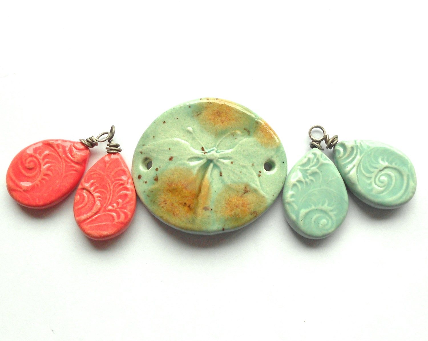 RESERVED FOR CHRIS......Handmade Ceramic  Charms and Connectors Coral and Duck Egg Blue