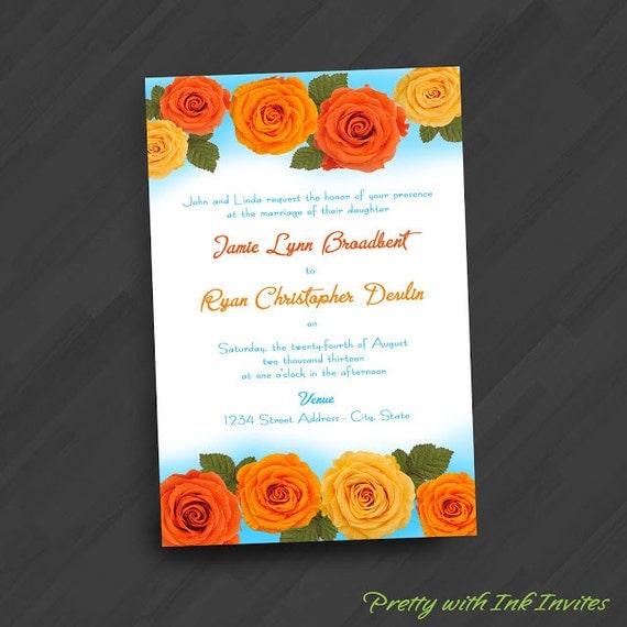 Rainbow of Roses Invitations for Shower/Engagement/Wedding/Your Special Event (Shown in Blue/Orange/Yellow)