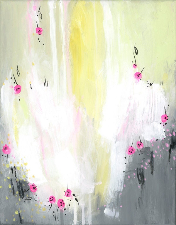 Neon Pink White Original Abstract Painting 8X10 acrylic on canvas - mint pastels for her baby shower nursery decor