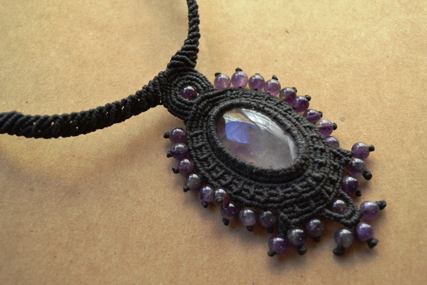 Amethyst Macrame Necklace/ Purple Stone/ Macrame Jewelry/ Micromacrame/ Healing Stone/ Fiber Art