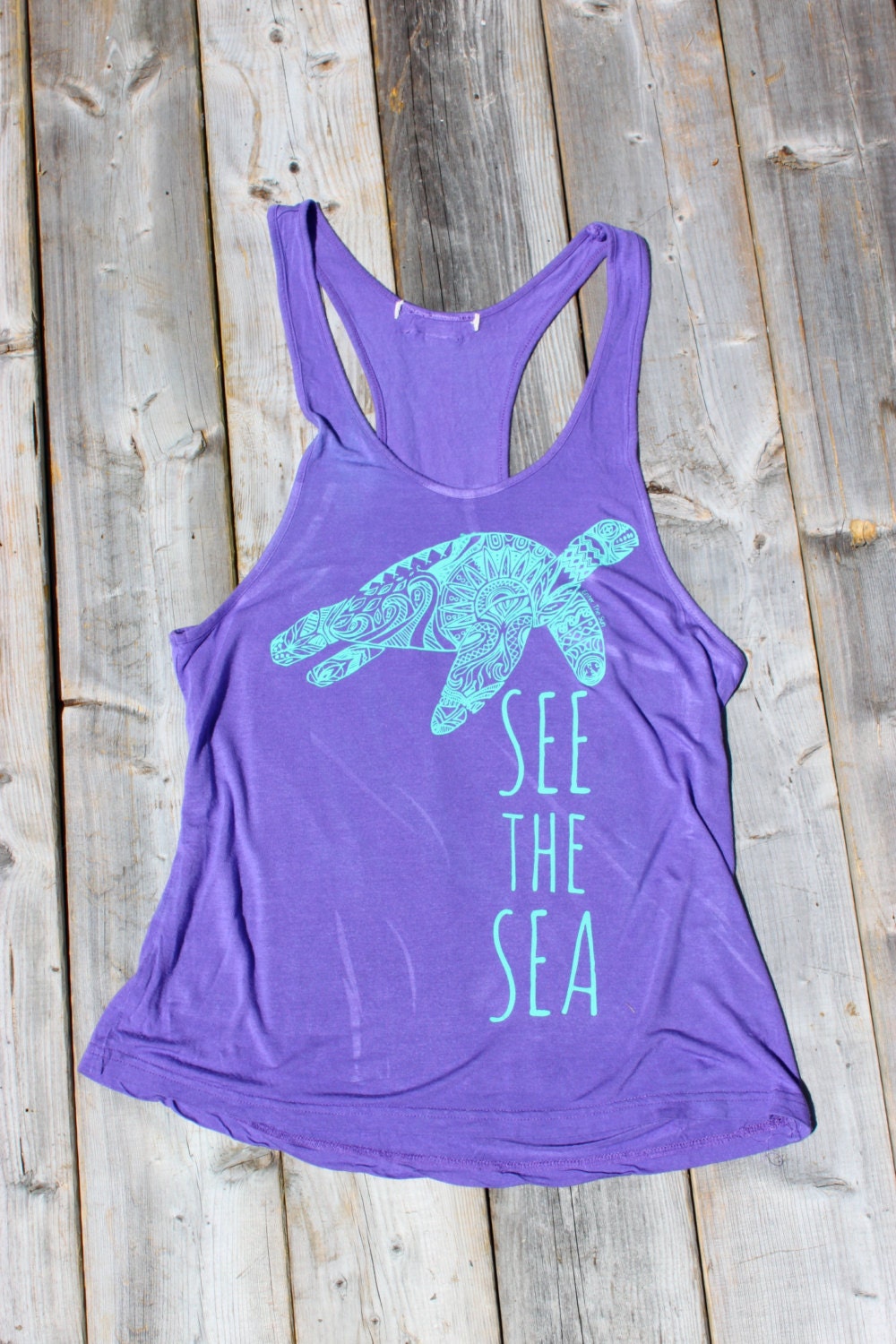 See the Sea Medicine Turtle - Upcycled Secondhand Shirt - Love Me Two Times Purple flowy tank size S-M