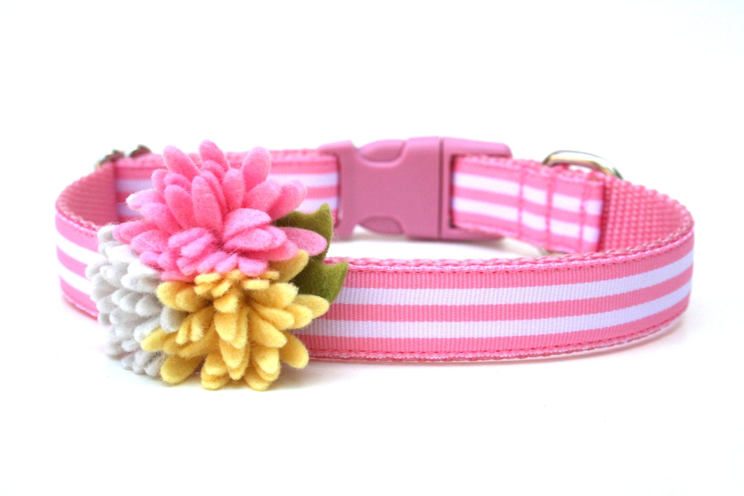 Stripe Dog Collar 3/4" or 5/8" Pink Striped Dog Collar with Flowers