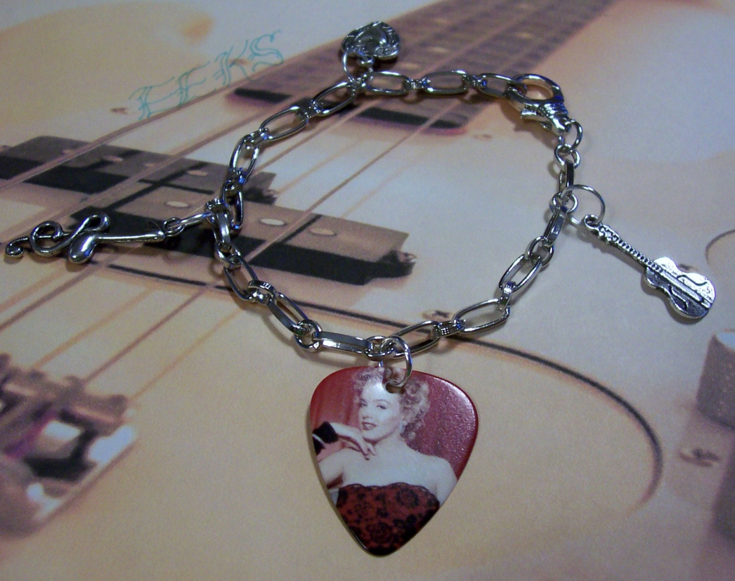 MARILYN MONROE - Sexy Retro Guitar Pick Charm Bracelet With Heart, Music Note, and Guitar