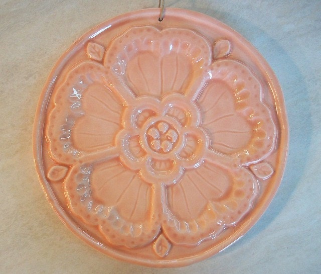 Ceramic Rose Medallion -- Crystal Coral Glaze -- Home Decor -- Mothers Day