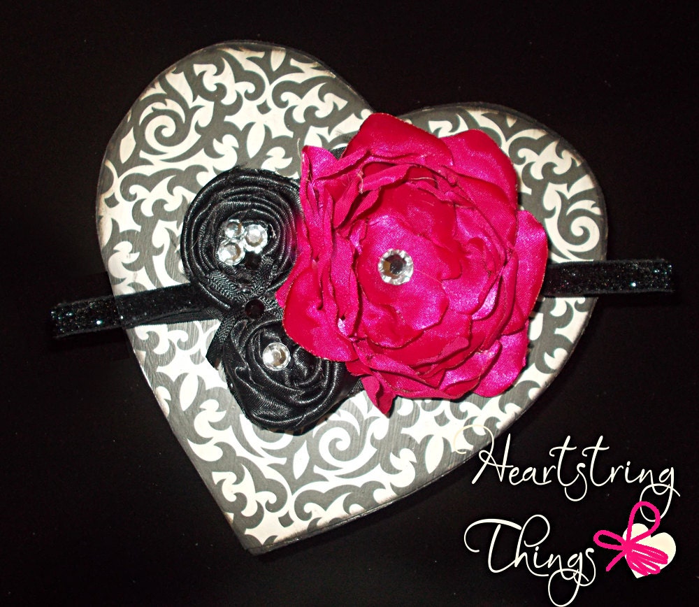 Black and Hot Pink Shabby Chic Flower and hand rolled rosette sparkle headband