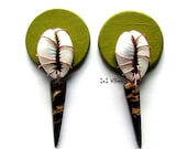Olive. Green. Handpainted. Wooden. Dangle. Copper Wire Wrapped. Cowrie Shell. Drop Earrings. with Spiked Coconut Shell Accent. Stud Earrings