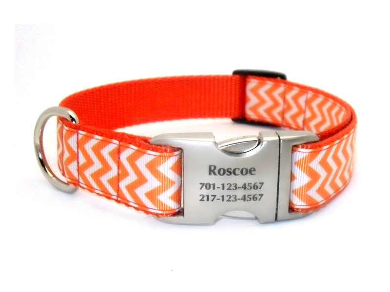 Chevron Stripe Dog Collar with Laser Engraved Personalized Buckle - ORANGE