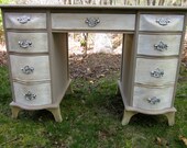 Vintage  double pedestal mid century desk with six curved drawers chalkpainted upcycled