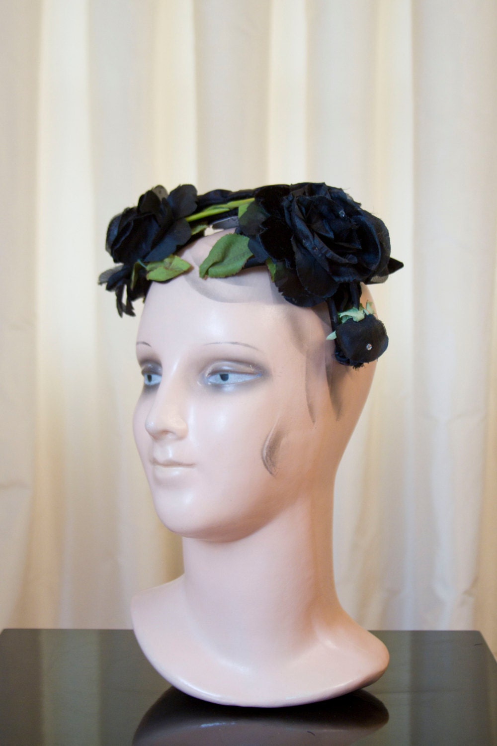 1950's Floral Hat // Black Millinery Rose with Rhinestone Raindrops