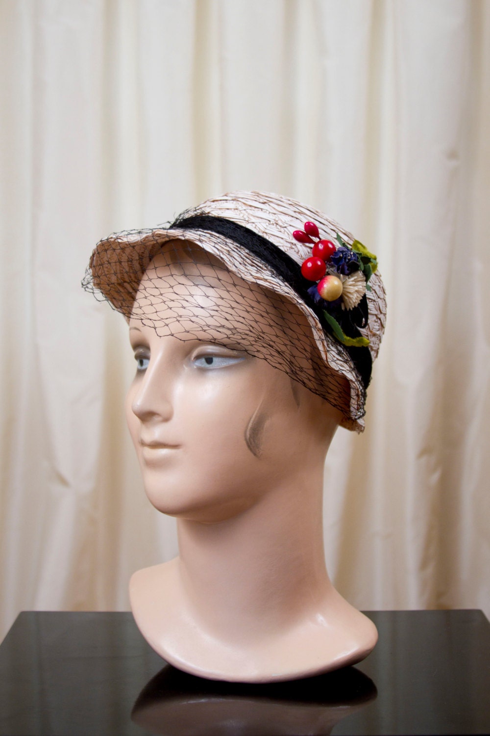 1930's Hat // Ivory Straw with Colorful Fruit and Black Veiling